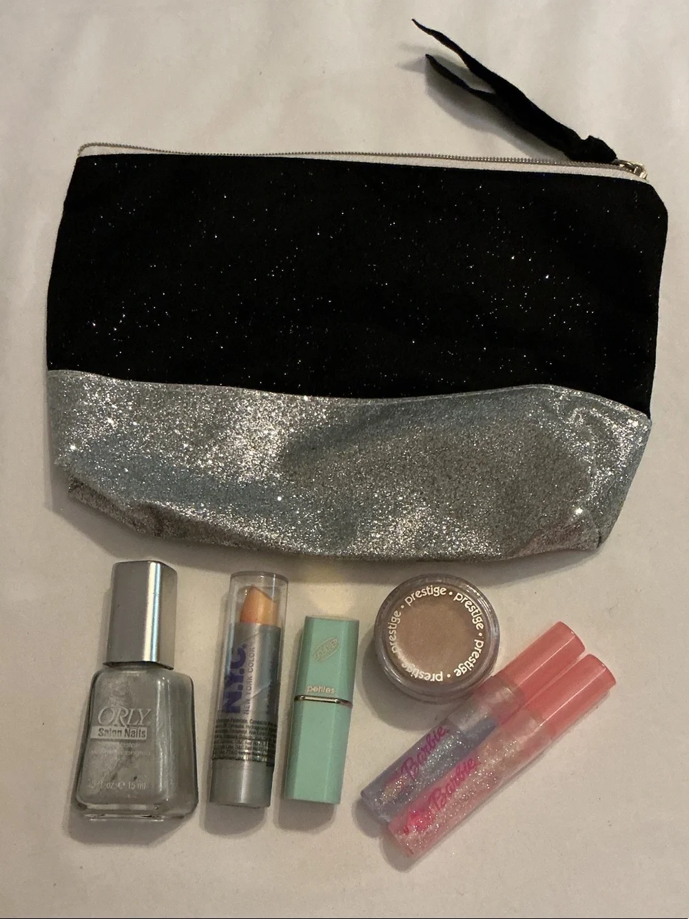 Glitter Black & Silver Cosmetic Pouch with Assorted Kids Bath & Body Accessories